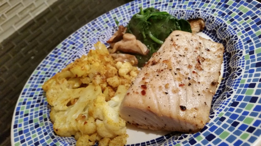 Ono, curried cauliflower, greens & shiitake mushrooms.