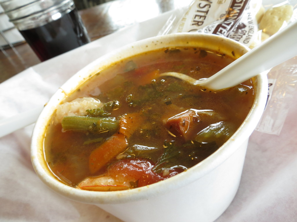 Portuguese Fish Stew - made from scratch, all local ingredients w/ rock cod, claims, shrimp, linguica, and organic vegetables