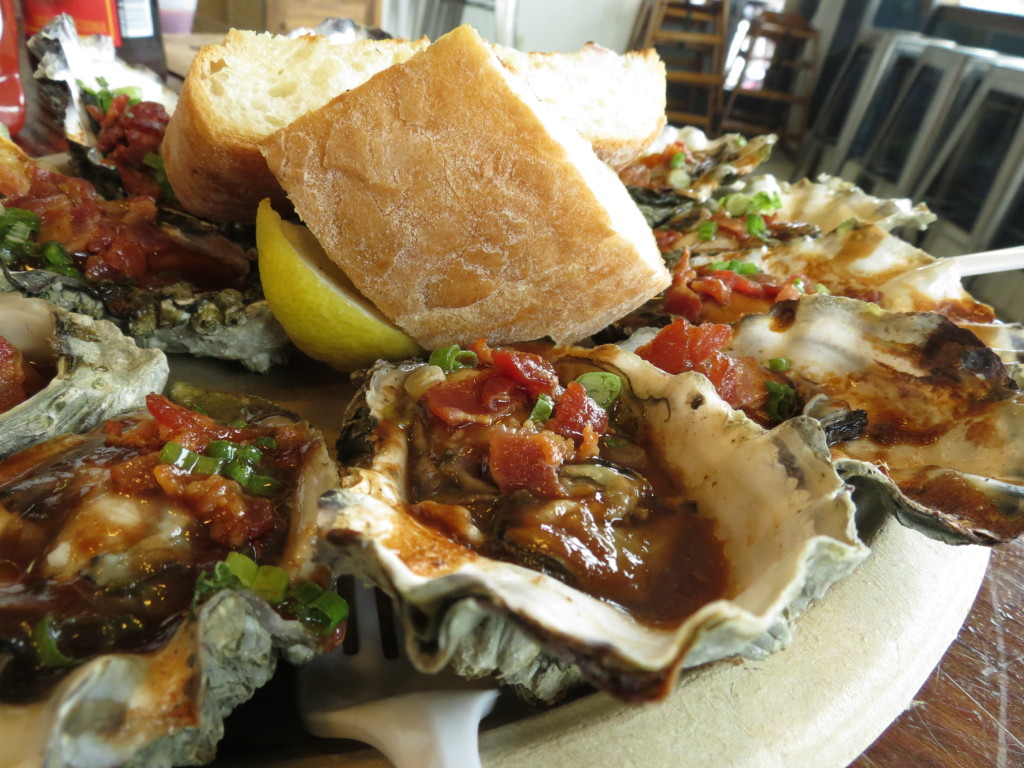 Oysters Kirkpatrick - fresh Tomales Bay oysters, grilled with spicy Worcestershire sauce and bacon