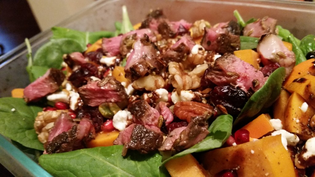 Salad Greens, Espresso & Rosemary Marinated Lamb, Pomegranate, Fuyu Persimmon, Walnuts, Pecans, Dried Cranberry, Feta Cheese ... and a splash of Extra Virgin Olive Oil & Balsamic Glaze. Oh, my!